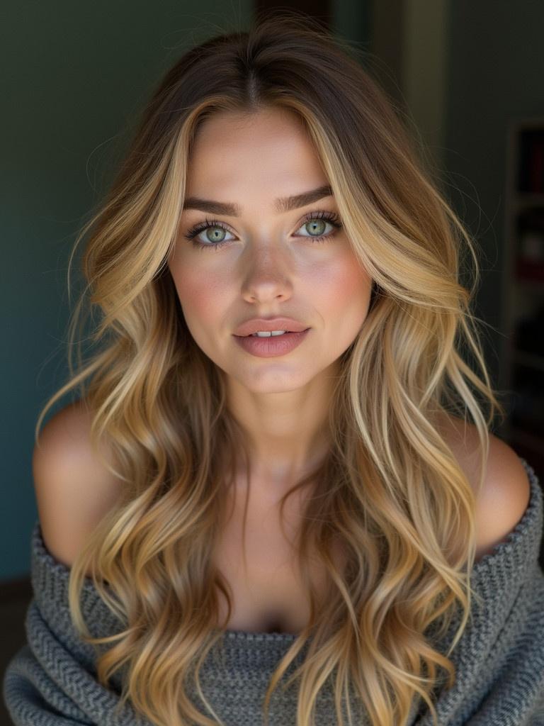 Hair styled in natural waves. Model wears a cozy off-shoulder sweater. Soft lighting highlights the hair texture. Frontal view captures the elegance of the look.