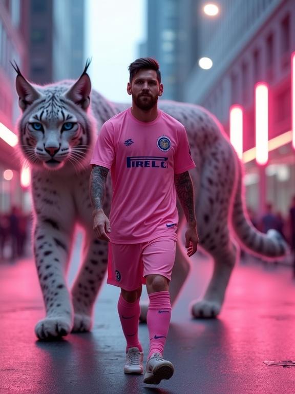 Photo-realistic image of Lionel Messi in pink football kit walking confidently in a modern city street at dusk. Behind him, a giant Silver Lynx with piercing blue eyes follows. The scene is lit with pink and white light.