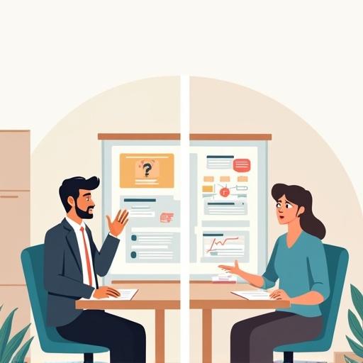 Split-scene illustration comparing two workplace instruction styles. Left side shows a manager giving verbal instructions to a confused employee. Employee looks puzzled with a question mark above their head. Employee holds a notepad unsure what to write. Environment is a modern office without visual aids. Right side depicts the same manager explaining with a whiteboard showing diagrams and flowcharts. Employee is confident, nodding and taking notes. Clean, professional scene using soft colors with expressive facial features. Style is modern flat illustration or semi-realistic with minimal background distractions.