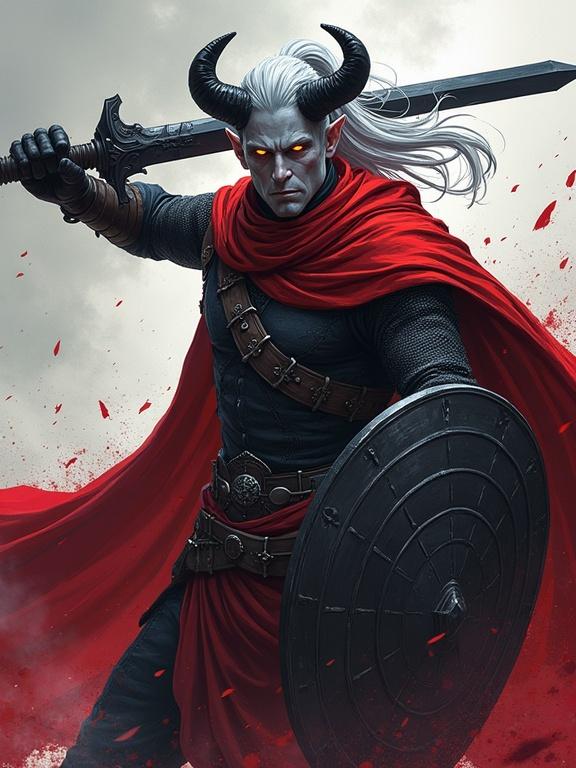 Anime-style illustration of a male tiefling in an action pose. Character has black longsword and ash-gray skin. Long silver hair in high ponytail. Horns are sleek and black. Wears chainmail shirt and red cloak. Shield is on his back. Blood splashes around. Non-photorealistic style with bold cel-shading. Inspired by graphic novels and Borderlands. Includes stylized depth of field and artistic shading.
