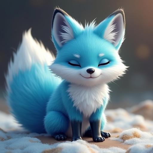 Image features a cute fluffy fox character with blue fur and a friendly expression. The character has prominent ears and a bushy tail. The background is soft and enhances the playful vibe.