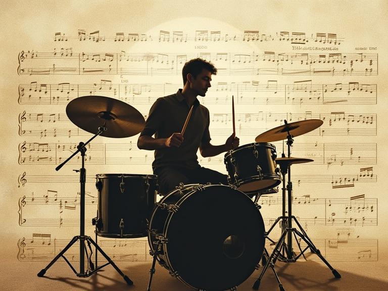 Mixed media artwork featuring a drummer silhouette playing drums with sheet music in the background. The design blends futuristic, ethereal elements resembling visionary concept art.
