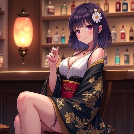 Anime-style woman sitting on a wooden chair. She has dark violet hair with a flower ornament. Wears a black and white kimono with gold patterns and a red obi. Relaxed pose with crossed legs. Confident gentle expression. Violet eyes and red lipstick. Warm cozy bar interior with liquor bottles and lanterns. Soft ambient light and bokeh effects.
