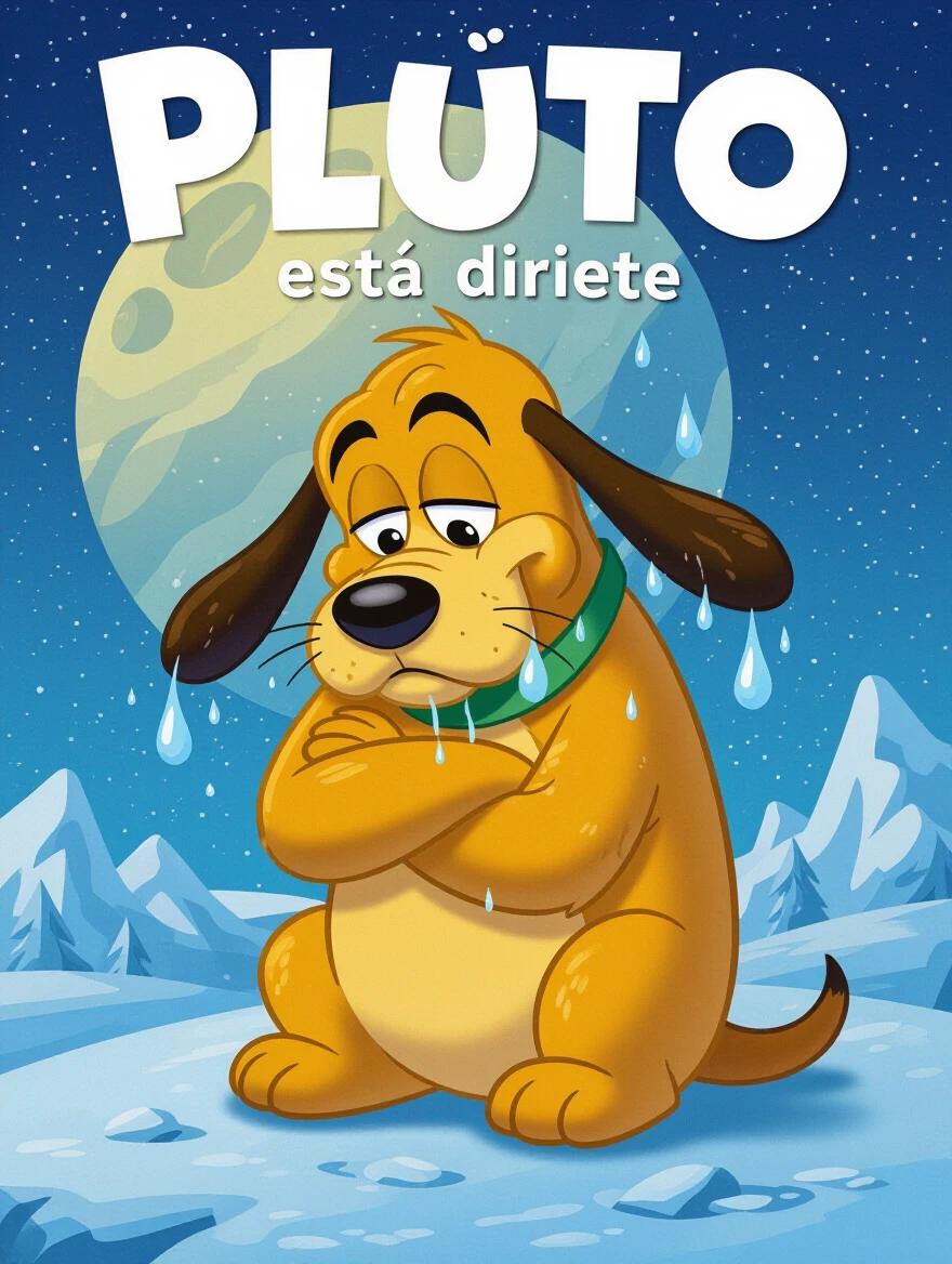 Pluto the dog looks sad. He has tears streaming down his face. Background shows a night sky with blue tones. Pluto has a green collar. Snowy landscape surrounds him. He sits with his arms crossed. Pluto appears melancholic and sympathetic.