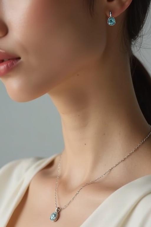 High-resolution image of a graceful female model wearing aquamarine pendant necklace. Pendant features soft blue gemstone in fine silver design. Jewelry is focal point with model’s face slightly out of focus. Background is neutral with soft lighting to highlight sparkle and craftsmanship. Luxury minimal modern aesthetic for fine jewelry campaign.
