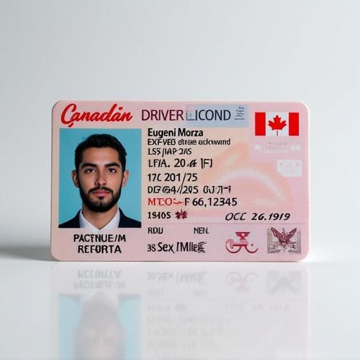 Image depicts a Canadian driver license card with emphasis on design and identity verification features. Includes individual details such as name, date of birth, gender, and a professional design.