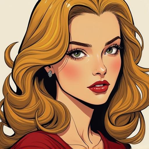 Portrait of a glamorous woman with styled hair and makeup. Comic art style. Elegant expression. Bright colors and sharp lines. Focus on facial features and hairstyle.