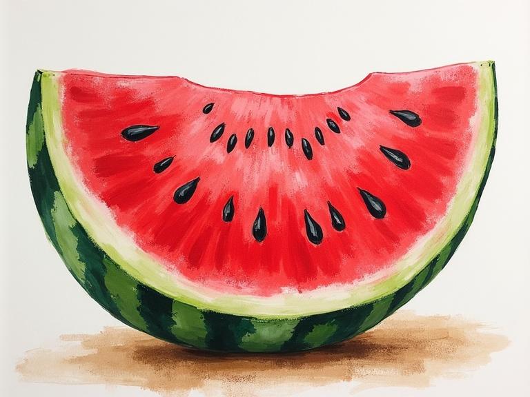 Watercolor painting of a watermelon slice showcasing vibrant red flesh and dark seeds. The slice has green rind and is positioned on a neutral surface.