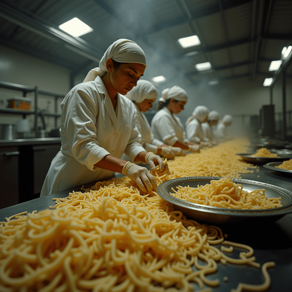 A group of women in white uniforms and hairnets meticulously preparing pasta in a factory setting.