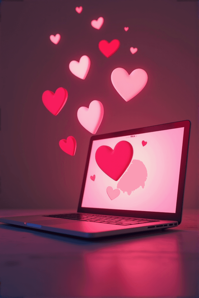 A laptop with glowing pink hearts floating out of the screen.