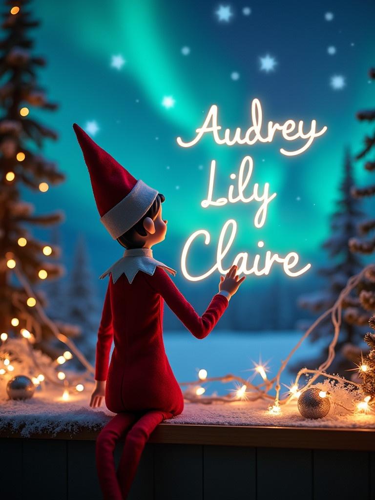 Enchanting Christmas scene features a female elf on the shelf dressed in red and white. The elf faces the sky with a magic wand writing glowing names in the air. The background showcases vibrant northern lights creating a magical ambiance. The setting embodies the festive spirit of Christmas with a whimsical touch. The elf's action evokes a sense of wonder and excitement.