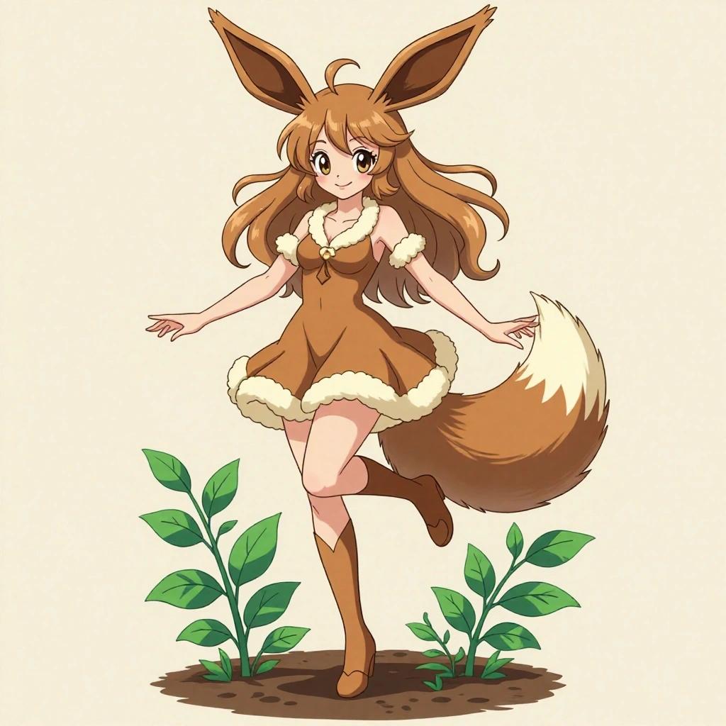 Eevee-inspired female figure with a short brown dress and fluffy details. Long wavy hair and large pointy ears. Fluffy tail and flirty pose with one leg raised. Sweet and mischievous expression with leaves and soil at the base. Warm and light style.
