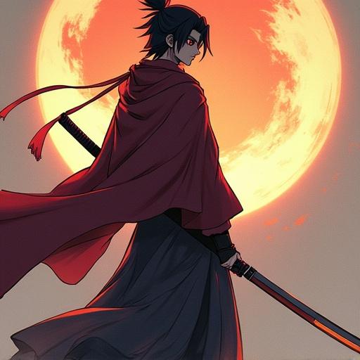 A character inspired by Yasuo from League of Legends depicted in a Naruto art style. The character holds a long katana reflecting the bright sun. A flowing cloak is worn by the character. The posture exudes intensity and strength.