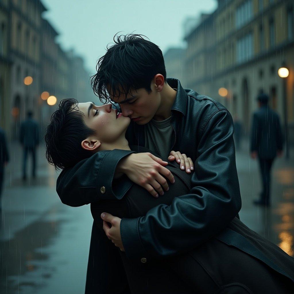 Silas in the rain cradling his best friend's lifeless body. Intense emotional scene with grief and pain. Blood on clothes and mud beneath. Surrounding figures are distant and blurred. Dark and somber mood.