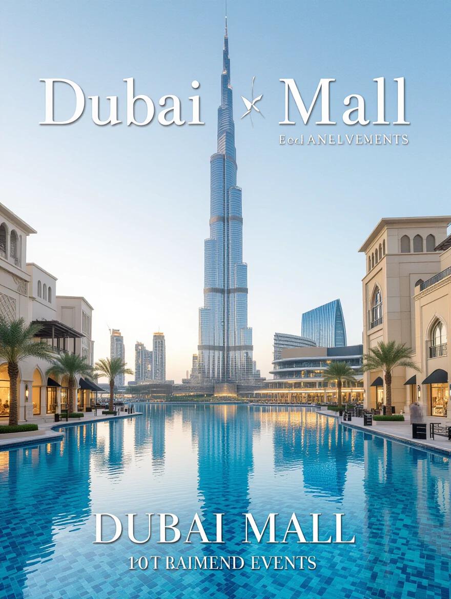 Luxury poster for Dubai Mall. Emphasis on elegant shopping experiences and upscale events. Use high-quality typography and balanced composition that highlights the Burj Khalifa and surroundings.