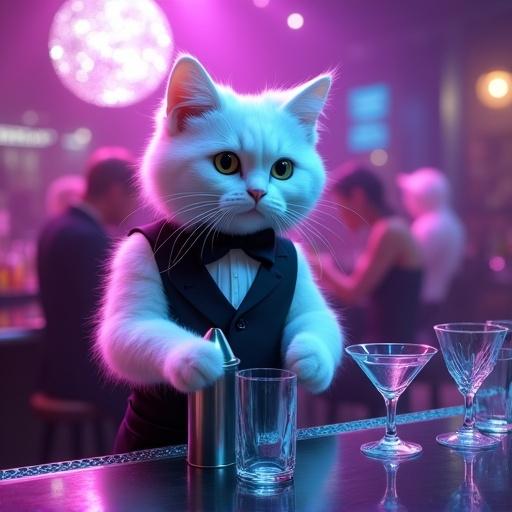 Photorealistic image of a fluffy white cat bartender in a nightclub for cats. Cat stands behind modern bar counter with neon lighting. Cat holds metal cocktail shaker with its front paws. Empty glasses arranged on glossy counter. Cat wears stylish black vest and bowtie. Background features other cat patrons at bar stools and dancing under disco ball. Club lighting in purple and blue with soft spotlight beams. Subtle haze creates evening venue atmosphere.