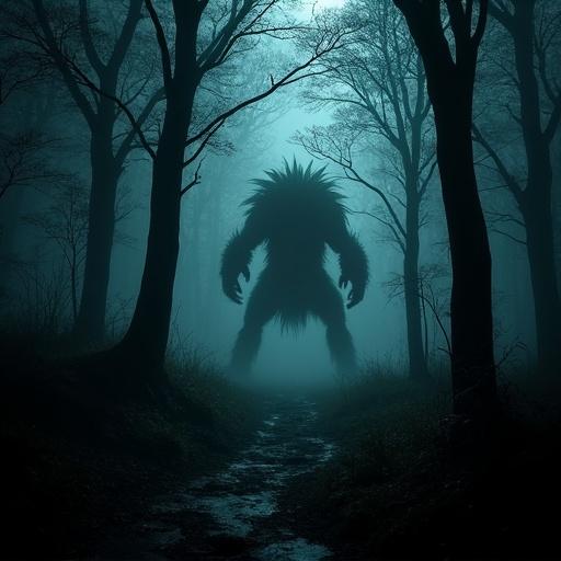A terrifying eldritch monster appears in a dark forest captured by a trail cam during the night. The setting is dense with trees, shrouded in fog, creating an ominous atmosphere.