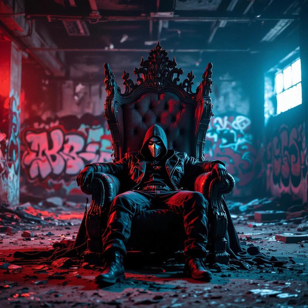 Crumbling throne features in a graffiti-covered warehouse. A masked figure lounges sideways on the throne. Ambient red and blue lighting adds to the gritty texture and creates a sense of powerful silence.