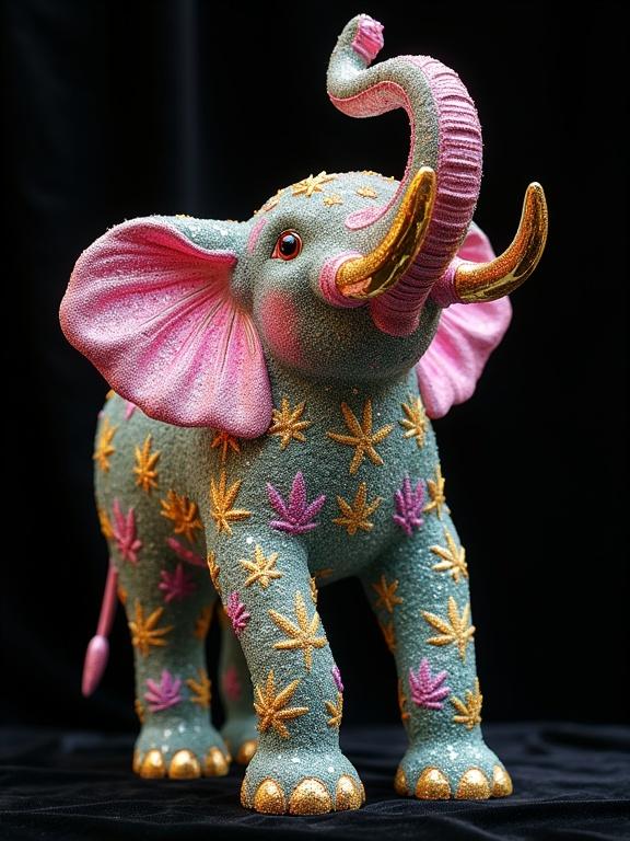 Majestic fantasy elephant sculpture on two legs. Encrusted with multicolored crystals. Features glowing cannabis leaf patterns on fur and tail. Dazzling gemstones in pink, green, gold, and violet. Standing upright in a playful pose. Highly detailed with sparkling appearance. Set against a black velvet background.