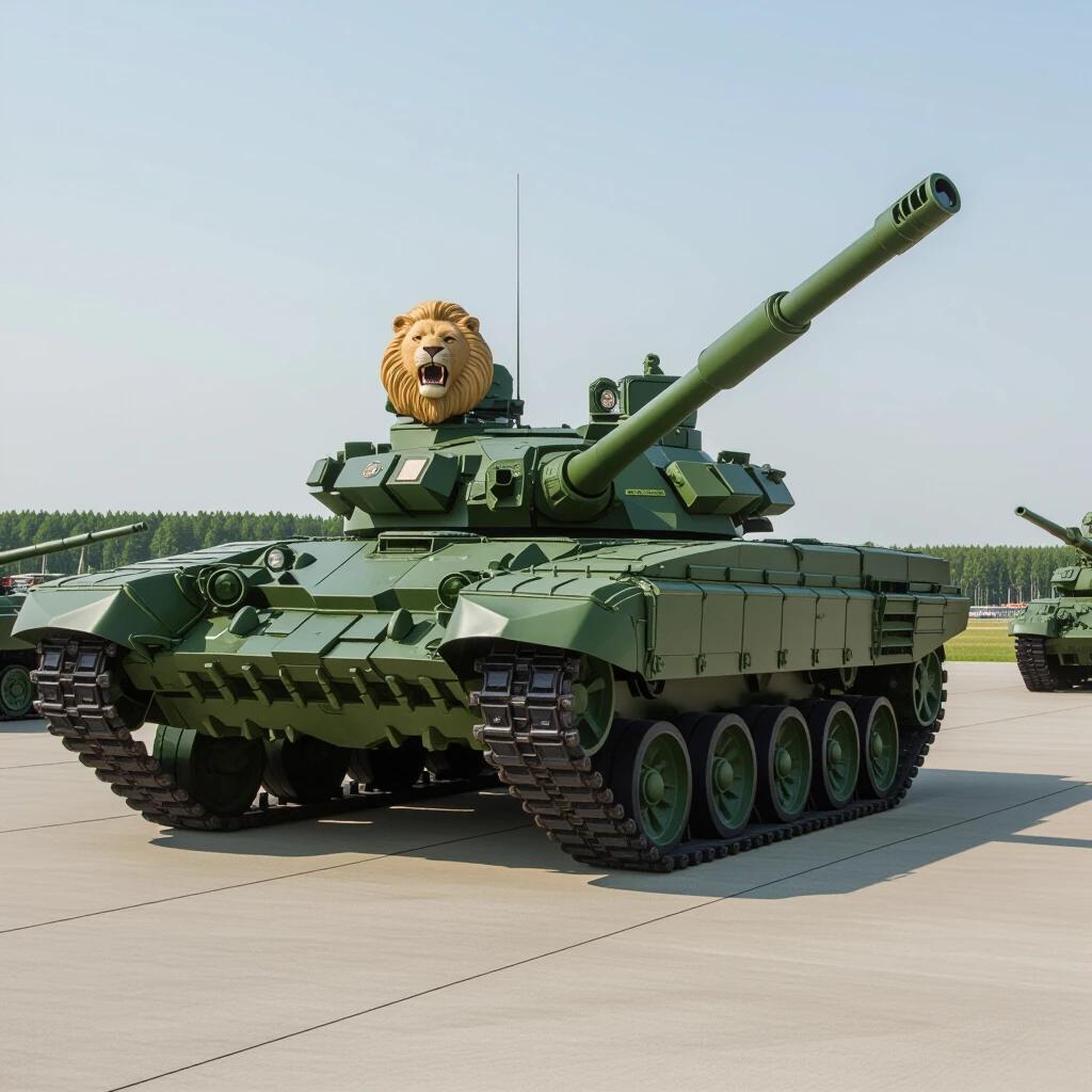 A military tank with a lion's head mounted on the turret. The tank has a green camouflage pattern. It is parked on a concrete surface. The sky is clear and blue. The setting suggests a military exhibition or parade.