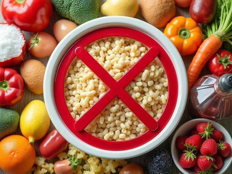 Contrast unhealthy food items like processed foods and sugary drinks with healthy options such as fresh fruits and vegetables. Highlight a bowl with a red 'no' sign indicating avoidance of unhealthy snacks.