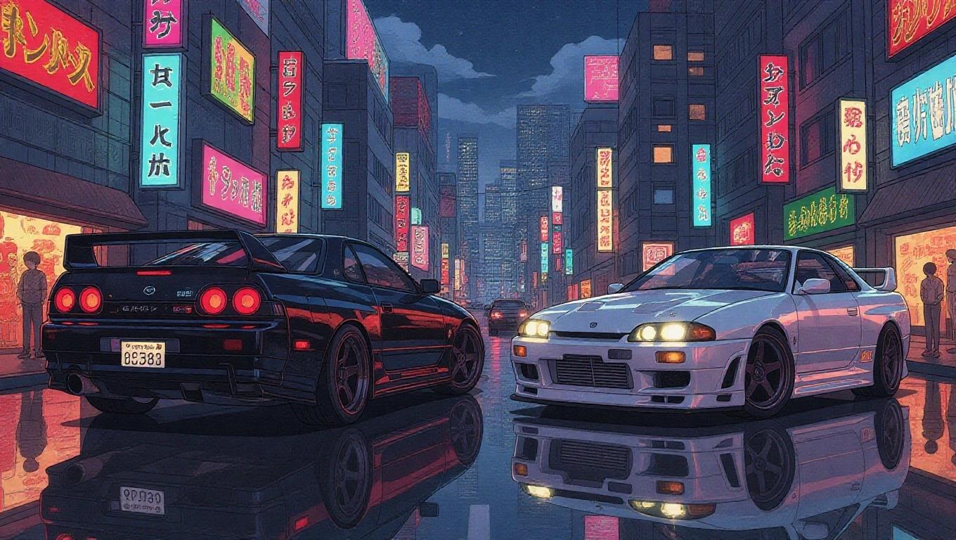 Highly detailed anime illustration of two iconic cars. Features black Toyota Supra MK3 and white Mazda RX-7. Nissan Skyline from the 1980s is in view. Background is a vibrant retro-futuristic city. Short perspective showcasing neon signs and modern urban ambiance.