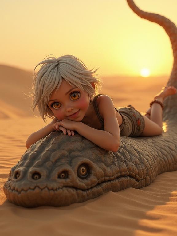 A tanned girl with short silver hair and golden eyes lies on a monstrous wormlike beast. The desert is vast around them. She laughs as a horned tendril brushes gently against her. Sand blows in the wind. The sun is low on the horizon with dry heat shimmering.