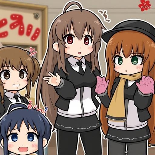 Characters in an office setting. Various young girls with different hairstyles and clothing. Bright and colorful expressions. One has black glasses. The artwork is in anime style with a light-hearted theme.