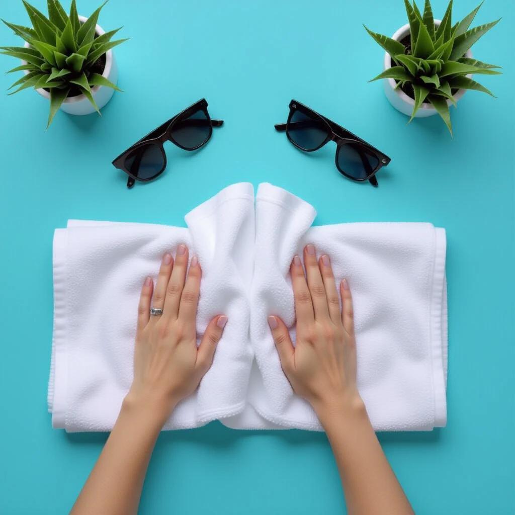 Photo from above showing a white towel with hands resting on it. Black sunglasses and small green plants are placed around the towel.