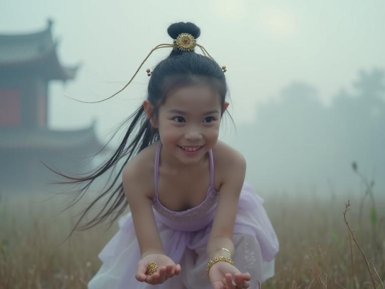 Misty dawn in a China feudal battlefield with a petite princess crawling in light purple undies and gold bracelets. She has a golden hairpin in dark hair. Her joyful expression and soft light create an enchanting scene.