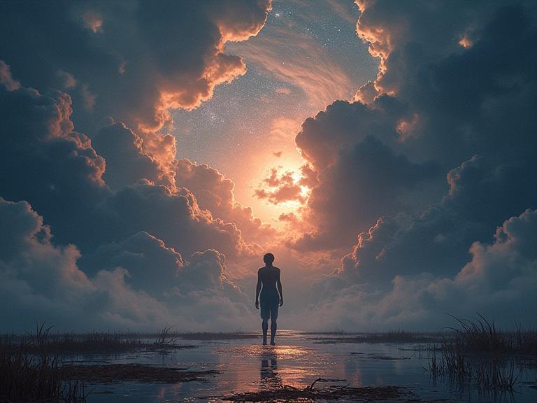 A silhouette of a person standing near a reflective surface under a dramatic sky filled with clouds and glowing light. The scene feels like a daydream, evoking imagination and introspection.