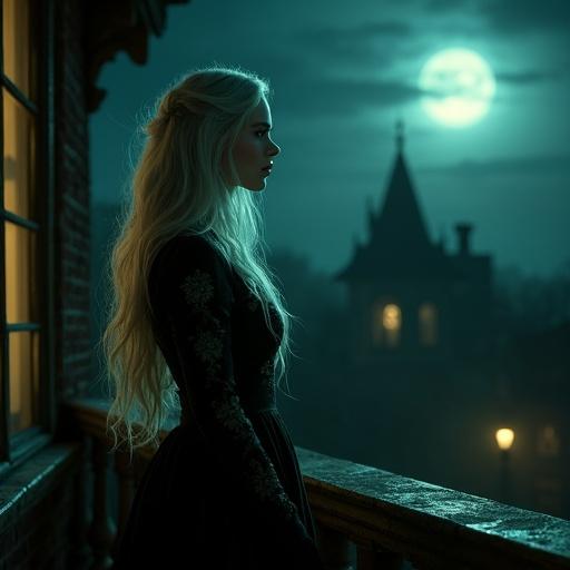 A beautiful mysterious woman stands on her balcony at night. She has long silver hair and emerald eyes. She wears a dark velvet gown with intricate embroidery. The scene is illuminated by soft moonlight. The gothic Victorian room is dimly lit. The atmosphere is dramatic and magical.