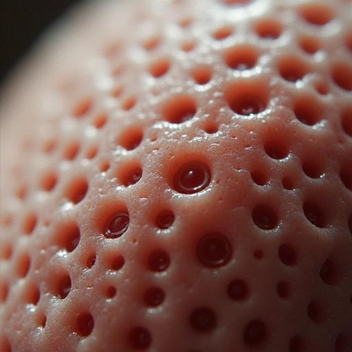 Close-up view of a textured surface showcasing clusters of small, round holes. Irregular patterns create an unsettling effect. High detail and macro style emphasize the intricacy of the surface.