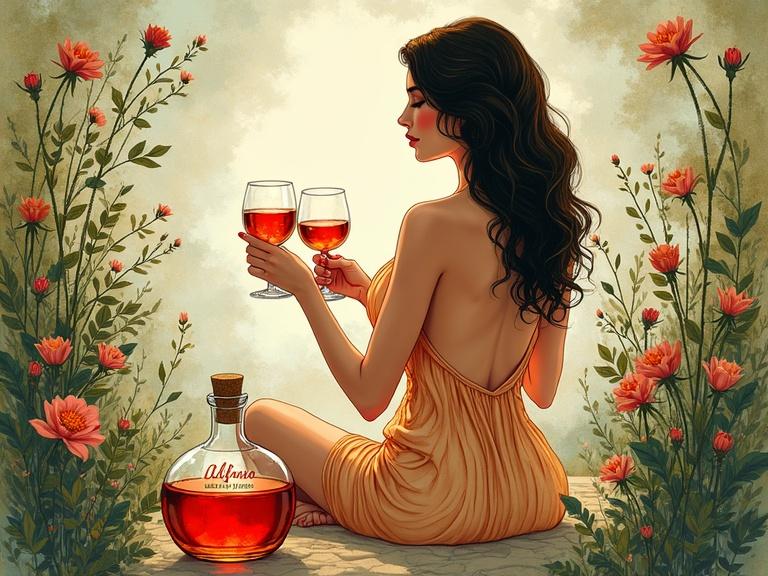 Stylized advertisement of a 1920s speakeasy with a goddess figure. Woman in a silk dress enjoying herbal liqueur and meditating outdoors. Surrounded by flowers and plants. Bright reddish drink in a decorative bottle labeled 'ALFRUNO'. Dreamy watercolor style with earthy tones.