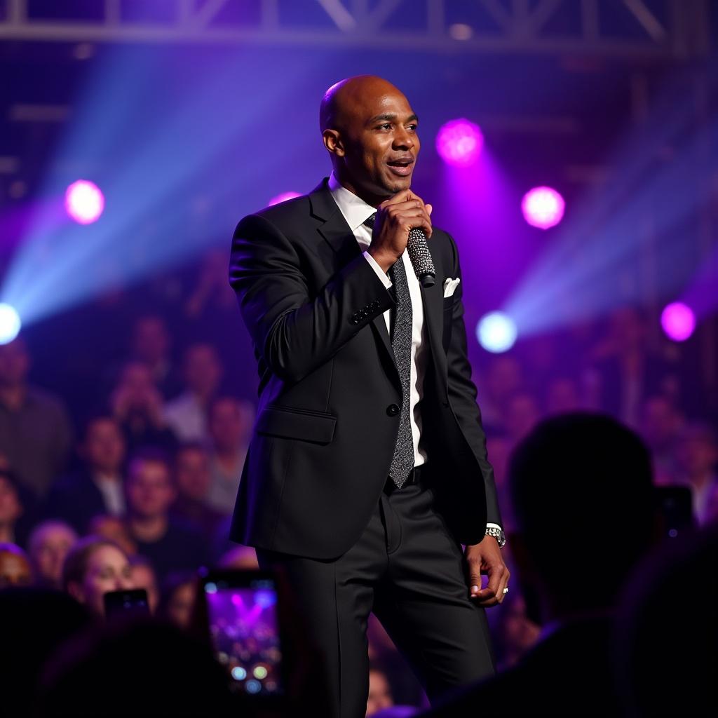 A performer in a black suit and tie stands on stage. Colorful lights illuminate the scene. The audience is visible in the background. The atmosphere is vibrant and energetic.