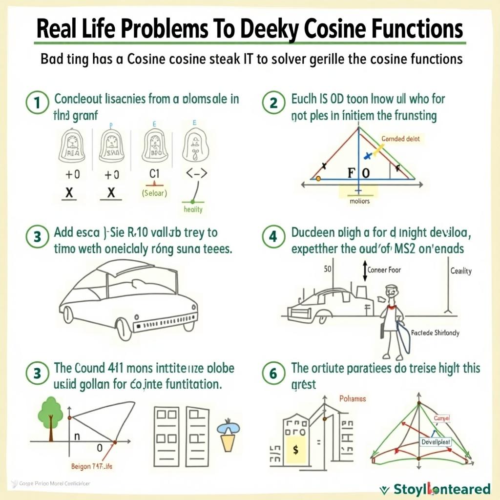 Illustration of real-life problems using cosine functions. Various scenarios that require solving cosine-related issues. Includes simple diagrams and problems for educational purposes.