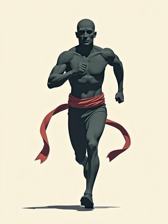 An illustration of a muscular figure running against a plain background with red ribbons flying at the waist. A minimalist style with a cyberpunk influence.