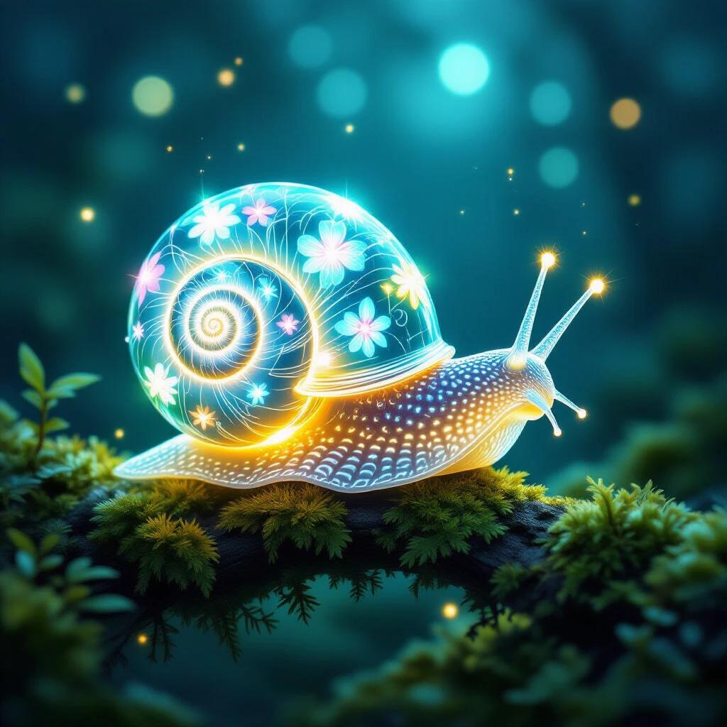 A glowing crystal snail on a mossy branch at night. The shell is translucent glass with intricate spiral patterns and bioluminescent floral motifs. The scene has dreamy magical lighting and glowing antennae. It features soft depth of field and delicate sparkles in the air, with vibrant teal and cyan hues. The image is ultra detailed and embodies a fantasy concept art style.