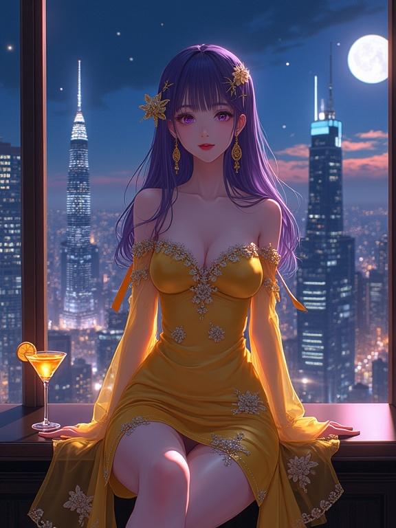 A breathtaking woman sits elegantly in front of a large window in a lounge. She has expressive violet eyes and long violet hair. Adornments include shiny silver kanzashi pins and long earrings. Wears a short shiny yellow gown with floral patterns. Yellow sheer sleeves add elegance. A gold cocktail is nearby. The city skyline glows under a full moon. The image has a semi-anime aesthetic and rich textures.
