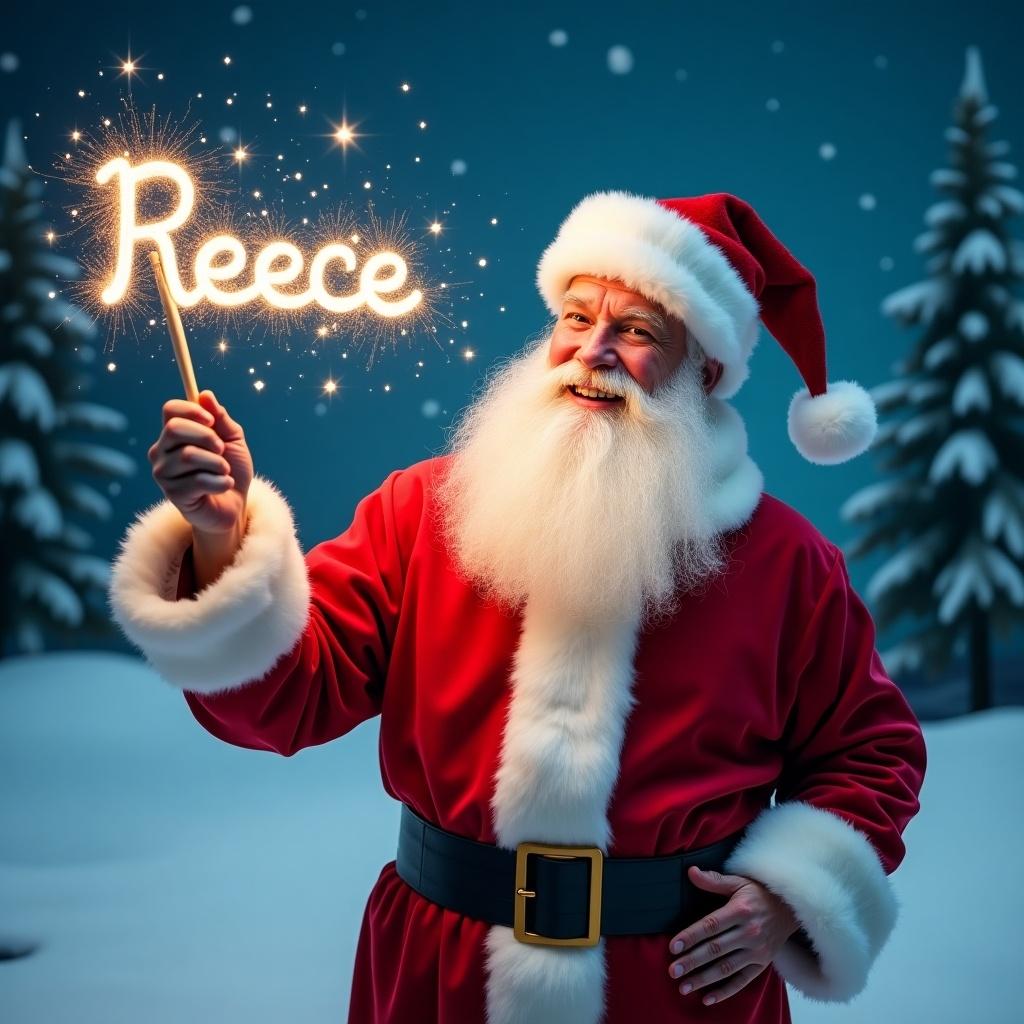 Jolly Santa Claus in snowy landscape. Holding magical wand that shines name Reece. Classic red suit with white fur trim and matching hat. Twinkling eyes with joy. Writing names in sky. Snowy scene with evergreen trees and starry night sky. Festive and magical atmosphere for holiday season.