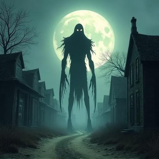 Digital illustration showing a tall shadowy figure in a ruined village. A full moon casts light over abandoned houses lining a dusty path. Mist creates a dark fantasy atmosphere. The figure has long limbs and glowing eyes.