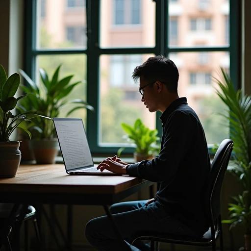 A laptop computer is positioned on a table surrounded by indoor plants. The setting is a loft space illuminated by afternoon light. A person is writing code intently on the laptop. The atmosphere is casual and inviting. The focus is on the workspace rather than the individual. Their attire includes a casual shirt and jeans. The scene conveys a creative and productive environment. The ISO is set at 1000 for optimal exposure.
