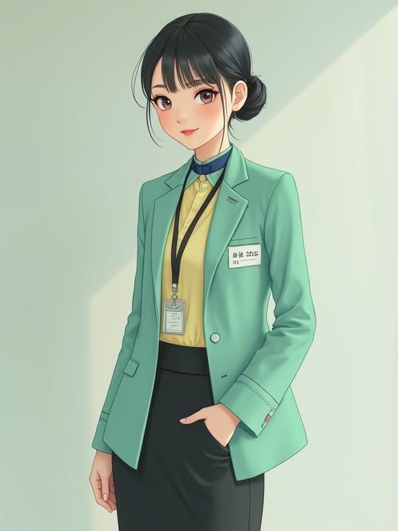 Full body kawaii-style image of late-20s East Asian female airport ground staff. Wearing pastel-yellow long-sleeve mandarin-collar chiffon blouse and mint-green round-collar blazer. Black pencil skirt and black closed-toe low-heel pumps. Bunned black hair with light makeup and red lips. Name tag pinned on blazer. Black lanyard holds ID badge. Dark-blue gingham scarf tied into a small knot beneath blouse collar.