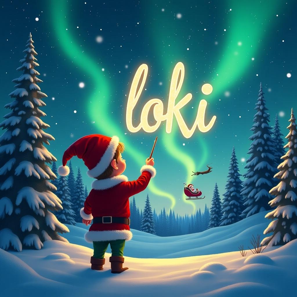 Festive scene with young elf gazing at magical sky. Elf writes 'loki' in glowing script. Backdrop features enchanting northern lights. Landscape has snow-covered trees. In distance, Santa Claus is flying in sleigh. Atmosphere is whimsical and joyful.