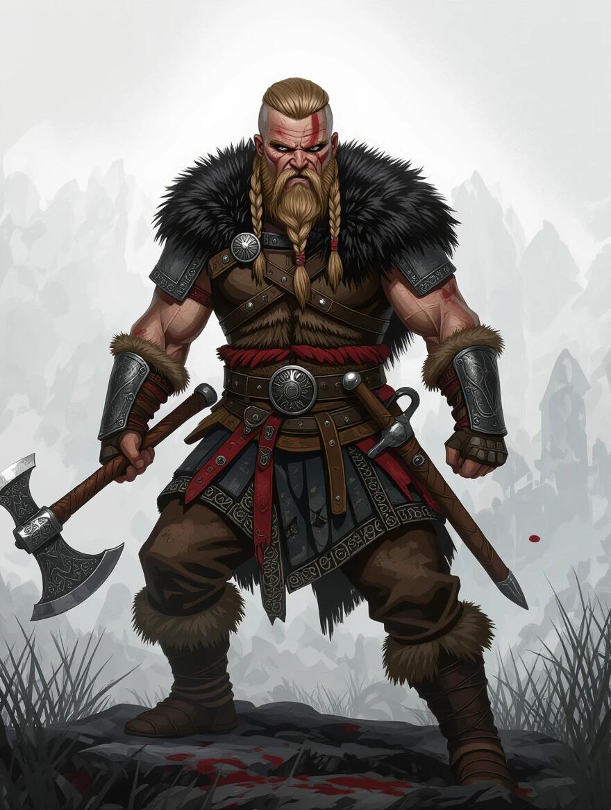 A detailed illustration of a berserker viking warrior. The warrior stands strong with a fierce expression holding an axe and wearing traditional armor. Background features misty mountains.