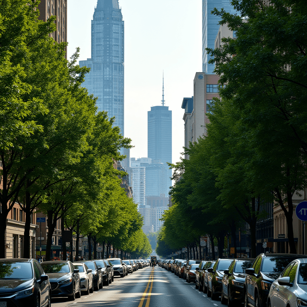 A bustling city street lined with trees and towering skyscrapers in the background.