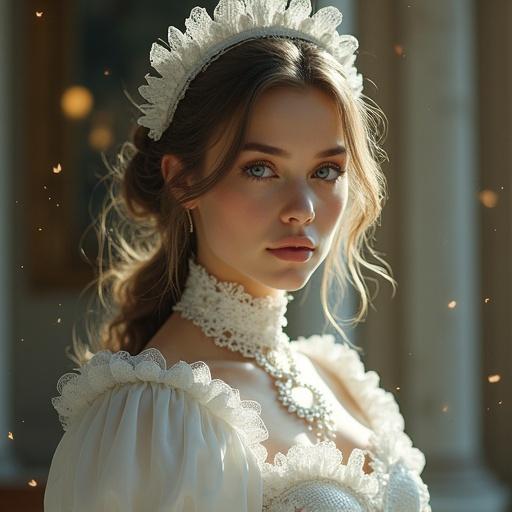 A maid in a stunning white outfit with lace. She has beautiful facial features and intelligent eyes. Soft light fills the ancient castle chamber, creating a magical atmosphere. Particles float around her.
