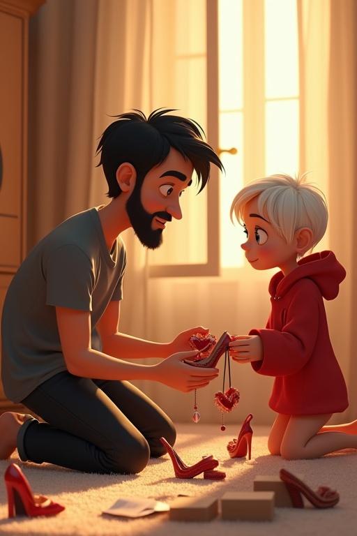 In a warmly lit animated bedroom, a father kneels on the carpet. He hands red stilettos and a silky dress to his daughter. The girl wears an oversized red hoodie and appears hesitant. Several chic outfits are scattered on the bed. Sunlight filters through the curtains, creating a cozy atmosphere.