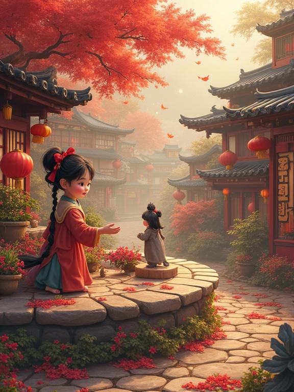 A joyful child dressed in traditional attire playing among vibrant autumn flowers. The scene depicts a sense of happiness. The child is jumping in a lush green environment full of red and orange leaves. The backdrop shows a winding creek among flowers and trees.