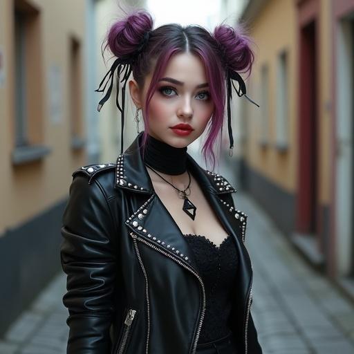 Generate hyper-realistic image of cute Eastern European goth punk woman with warm smile. She is between 20-21 years old. Has light hazel eyes with dark eyeliner. Cool colorful hair tied in two loose buns with black ribbons. Wearing a black leather studded biker jacket over lace short skirtdress. Showing off punk goth rings on manicured hands. Background features Americanized neighborhood alleyway.
